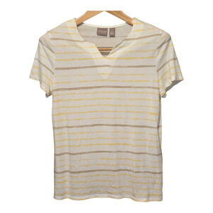 Chicos Top Womens Medium White Yellow Brown Stripe Cotton Modal Blend Classic